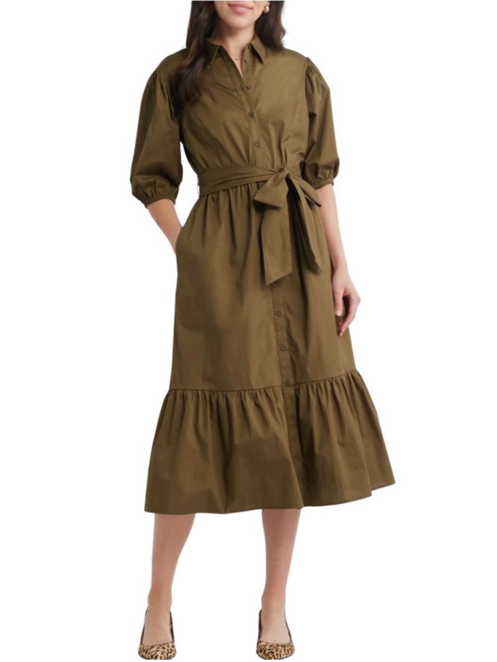 Caslon Olive Green Midi Shirt Dress